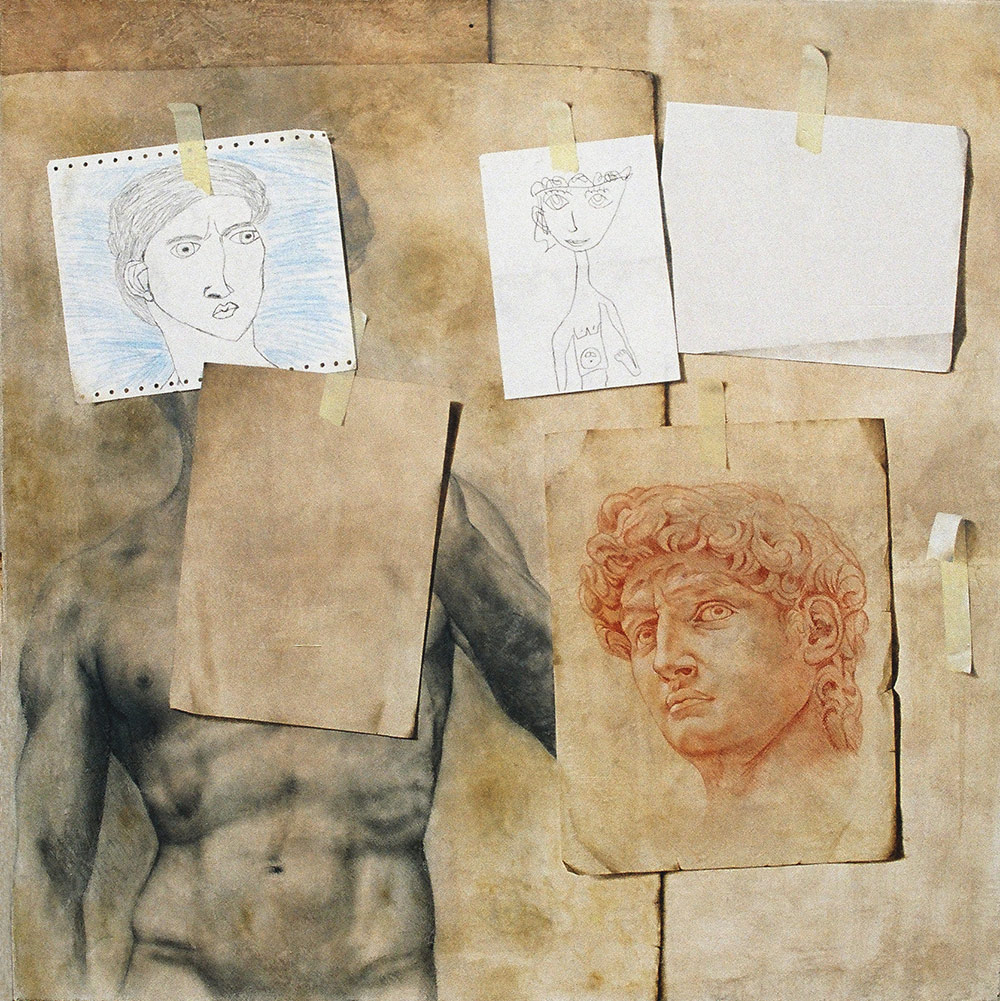 Composizione scomposta, 2006, olio e pastello a cera su tela, cm. 100 x 100