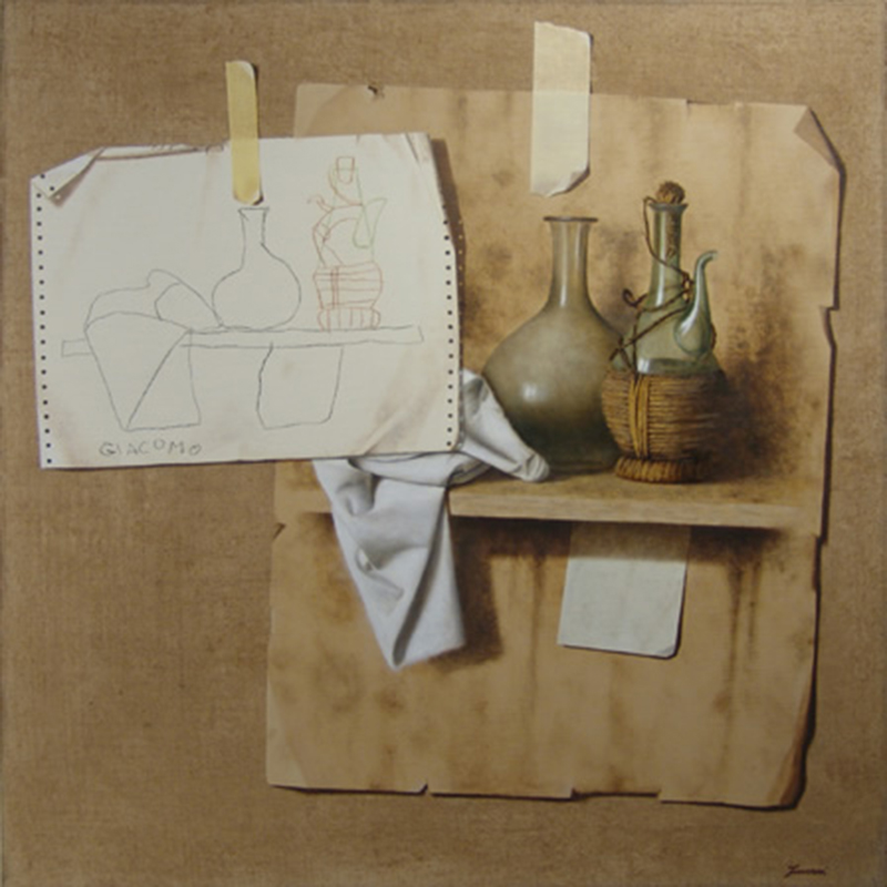Confronto, 2008, olio e pastello a cera su tela, cm. 80 x 80