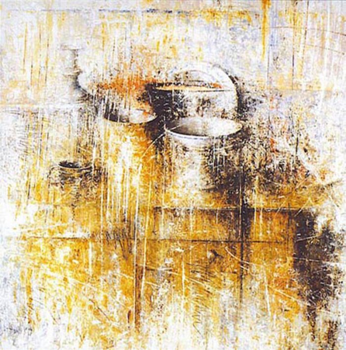 Credenza con oggetti 1996, olio su tela, cm. 100 x 100