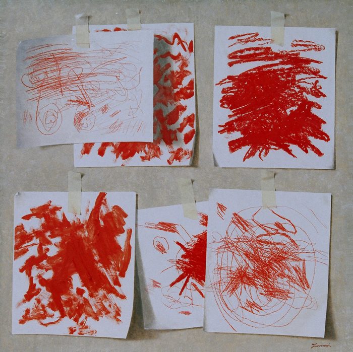 Giochiamo con il rosso, 2005, olio su tela, cm. 70 x 70
