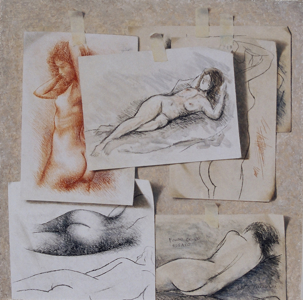 Nello studio, 2005, olio e pastello a cera su tavola, cm. 60 x 60